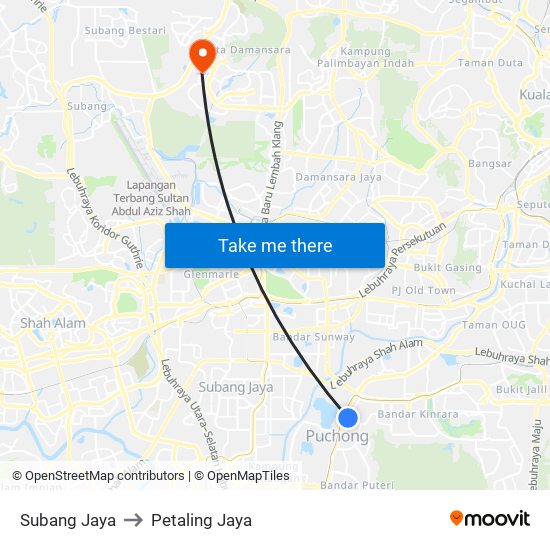 Subang Jaya to Petaling Jaya map