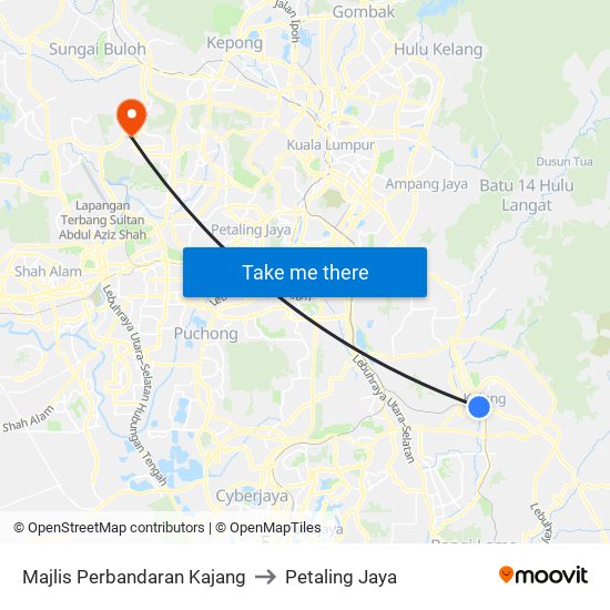 Majlis Perbandaran Kajang to Petaling Jaya map