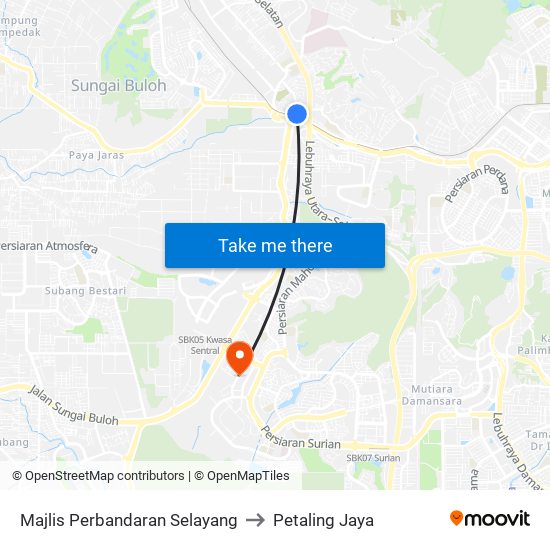 Majlis Perbandaran Selayang to Petaling Jaya map