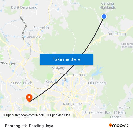 Bentong to Petaling Jaya map