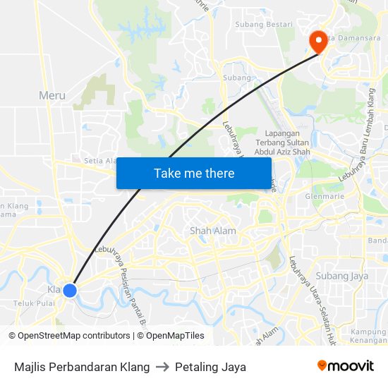 Majlis Perbandaran Klang to Petaling Jaya map
