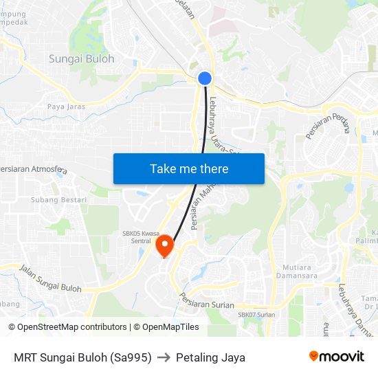 MRT Sungai Buloh (Sa995) to Petaling Jaya map