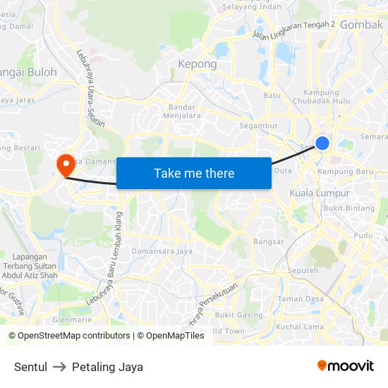 Sentul to Petaling Jaya map