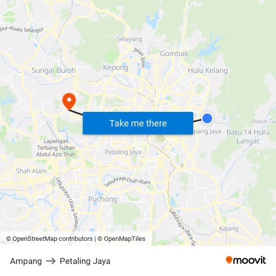 Ampang to Petaling Jaya map
