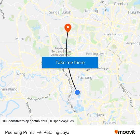 Puchong Prima to Petaling Jaya map
