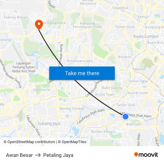 Awan Besar to Petaling Jaya map