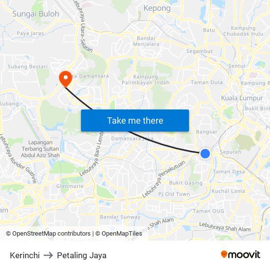 Kerinchi to Petaling Jaya map