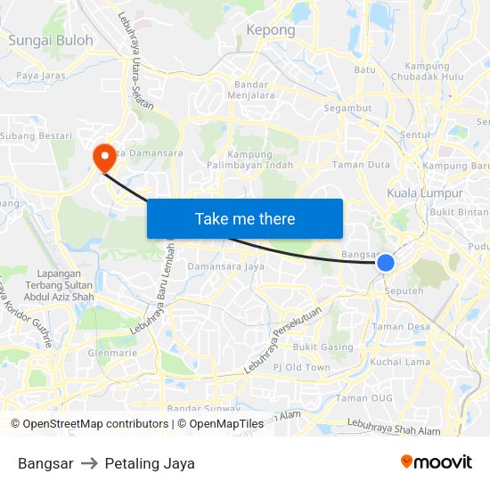Bangsar to Petaling Jaya map