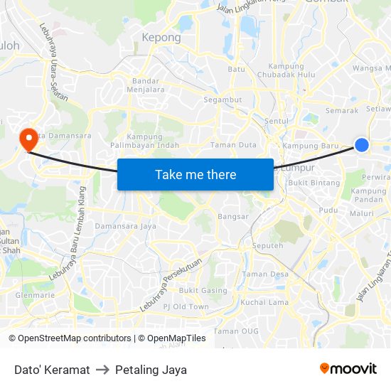 Dato' Keramat to Petaling Jaya map