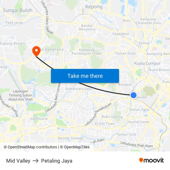 Mid Valley to Petaling Jaya map