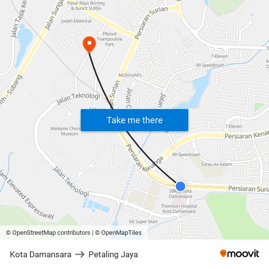 Kota Damansara to Petaling Jaya map