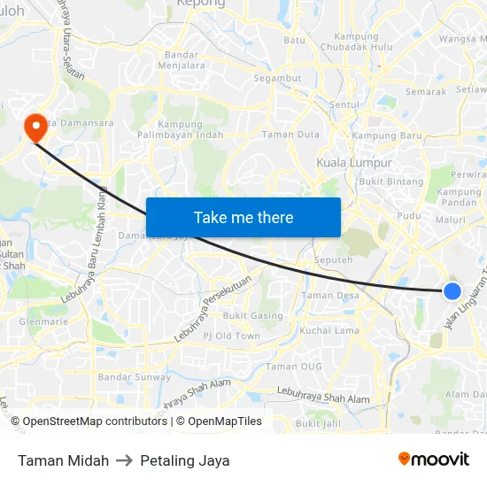 Taman Midah to Petaling Jaya map
