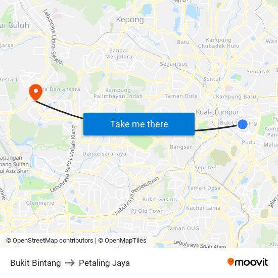 Bukit Bintang to Petaling Jaya map