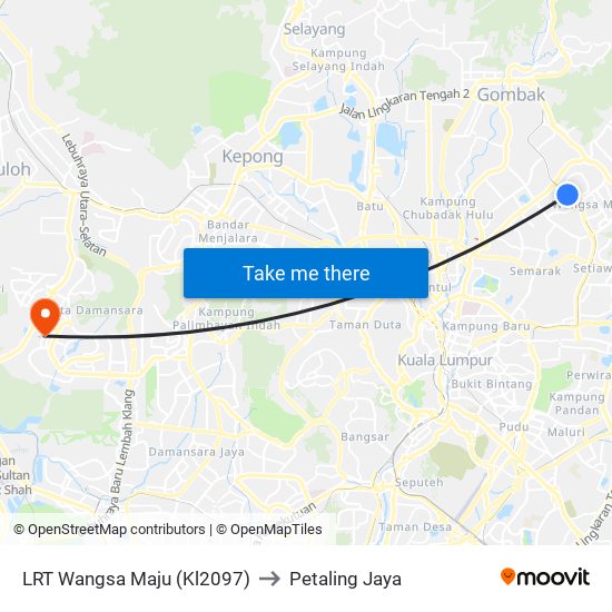 LRT Wangsa Maju (Kl2097) to Petaling Jaya map