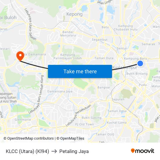 KLCC (Utara) (Kl94) to Petaling Jaya map