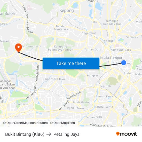 Bukit Bintang (Kl86) to Petaling Jaya map
