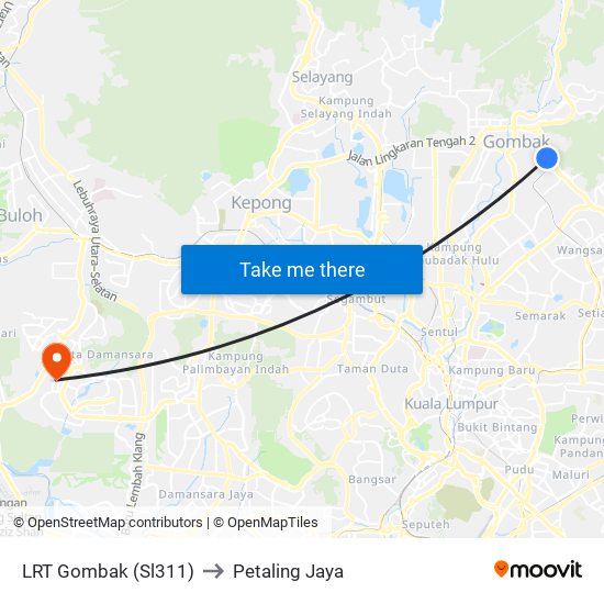 LRT Gombak (Sl311) to Petaling Jaya map