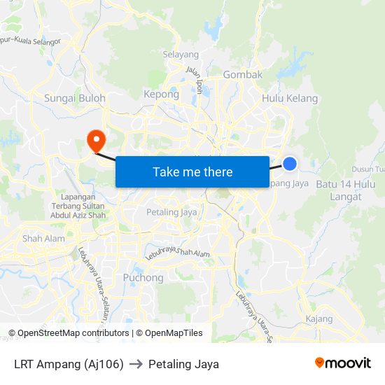 LRT Ampang (Aj106) to Petaling Jaya map