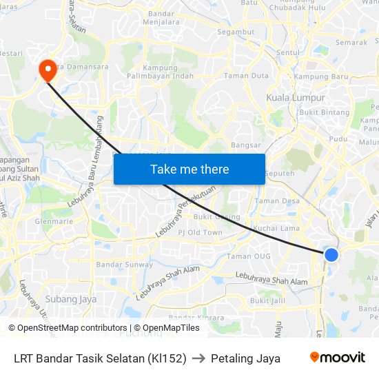 LRT Bandar Tasik Selatan (Kl152) to Petaling Jaya map