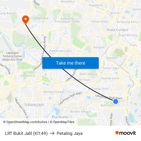 LRT Bukit Jalil (Kl149) to Petaling Jaya map