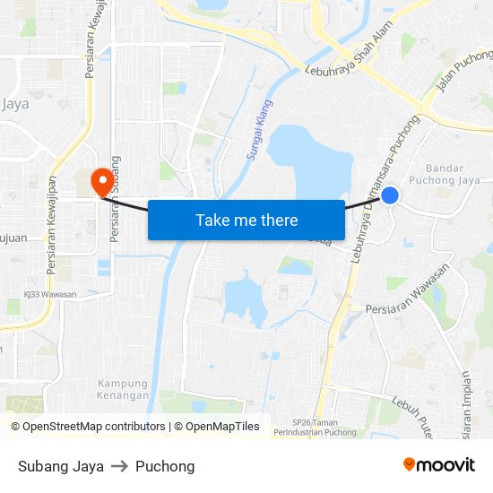 Subang Jaya to Puchong map