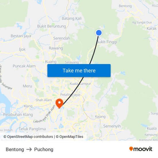 Bentong to Puchong map
