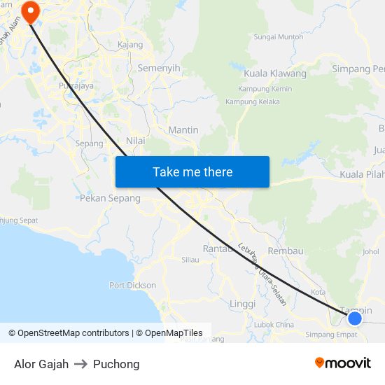 Alor Gajah to Puchong map