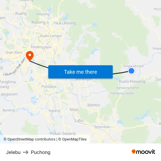Jelebu to Puchong map