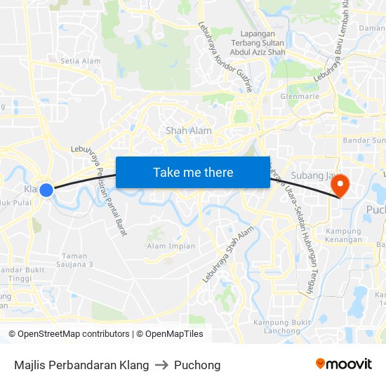 Majlis Perbandaran Klang to Puchong map