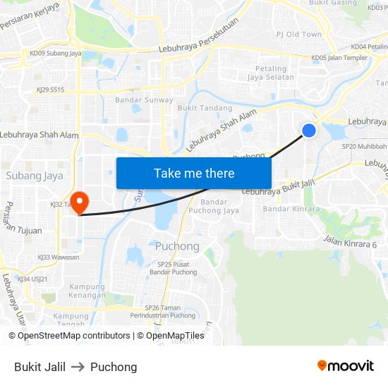 Bukit Jalil to Puchong map