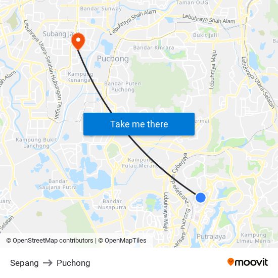 Sepang to Puchong map