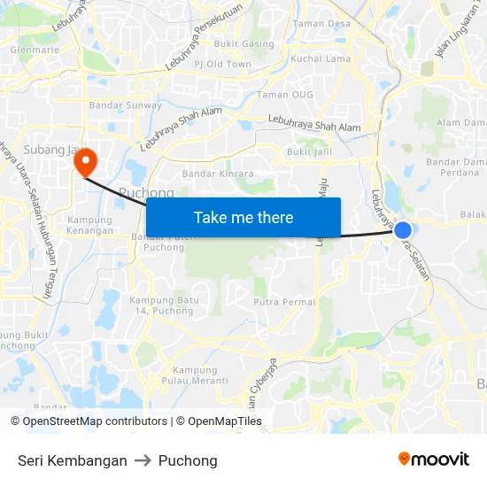 Seri Kembangan to Puchong map