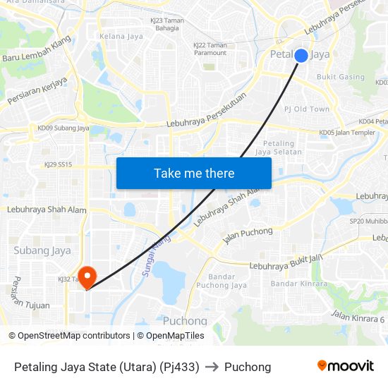 Petaling Jaya State (Utara) (Pj433) to Puchong map