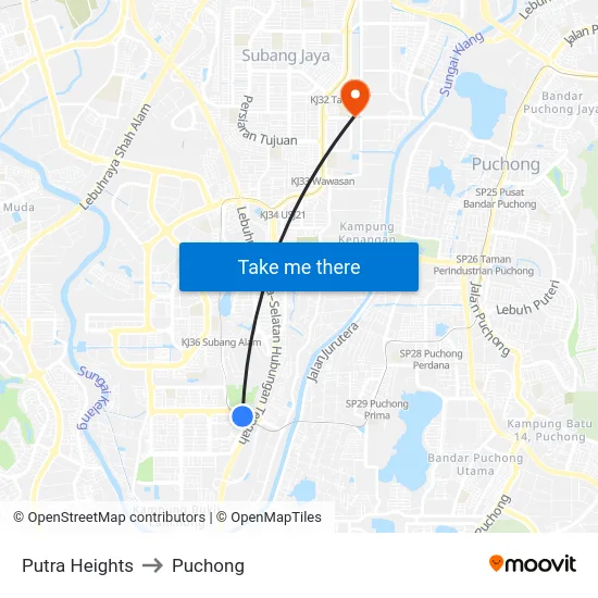 Putra Heights to Puchong map