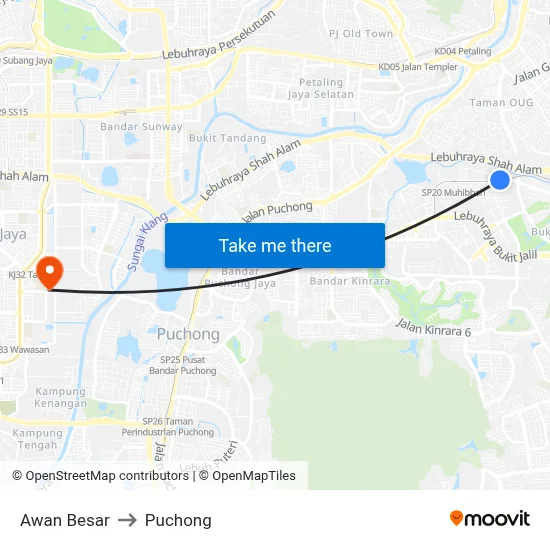 Awan Besar to Puchong map