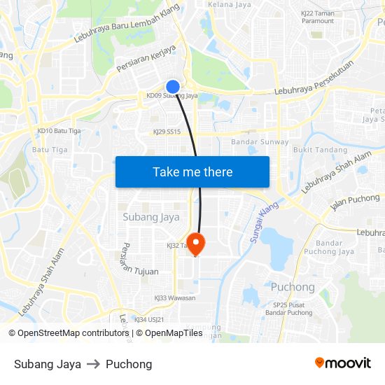 Subang Jaya to Puchong map