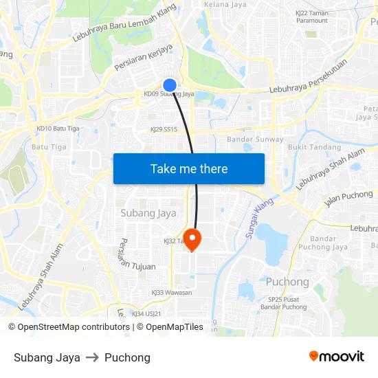 Subang Jaya to Puchong map