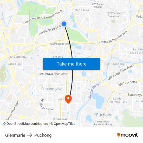 Glenmarie to Puchong map
