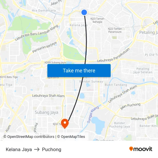 Kelana Jaya to Puchong map