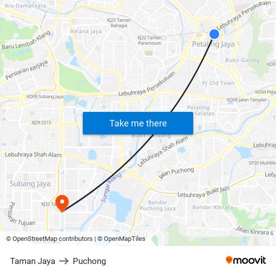 Taman Jaya to Puchong map