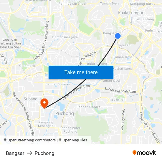Bangsar to Puchong map