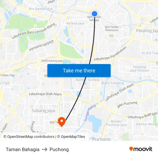 Taman Bahagia to Puchong map