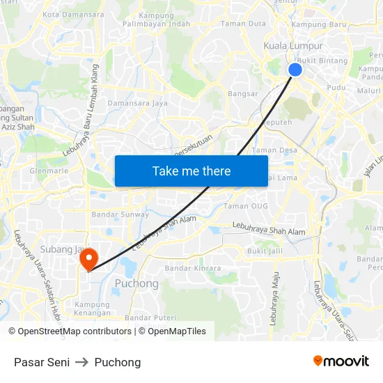 Pasar Seni to Puchong map