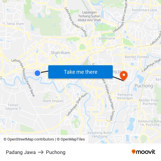 Padang Jawa to Puchong map