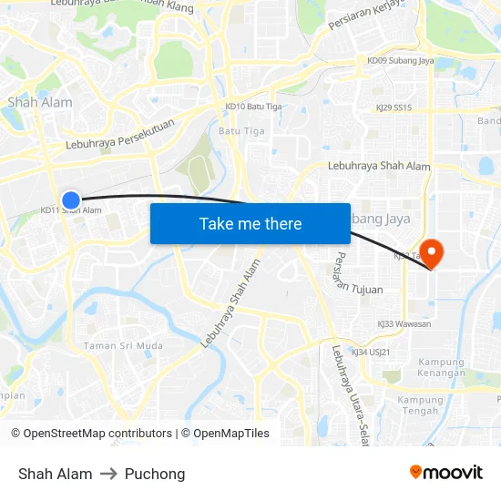 Shah Alam to Puchong map