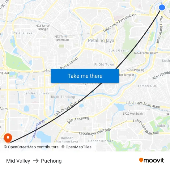Mid Valley to Puchong map