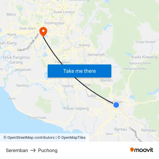 Seremban to Puchong map