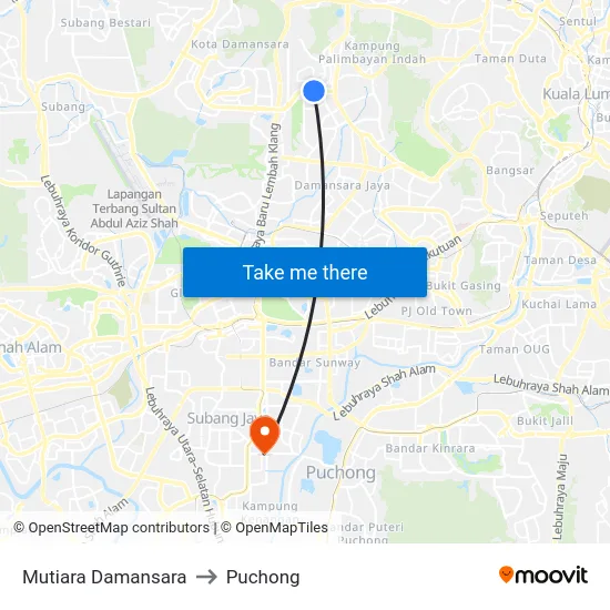 Mutiara Damansara to Puchong map