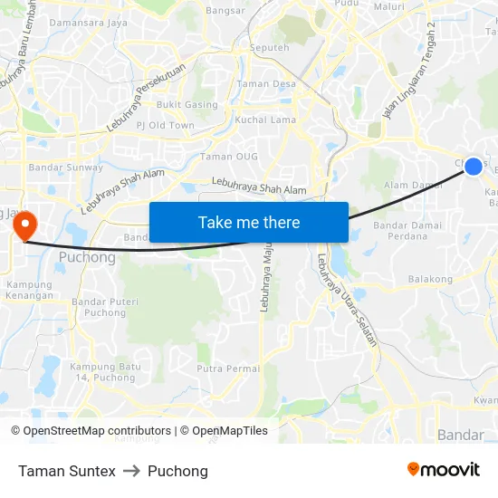Taman Suntex to Puchong map