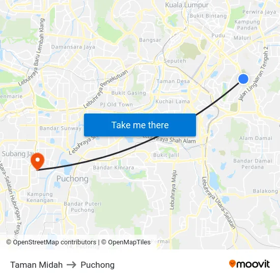 Taman Midah to Puchong map